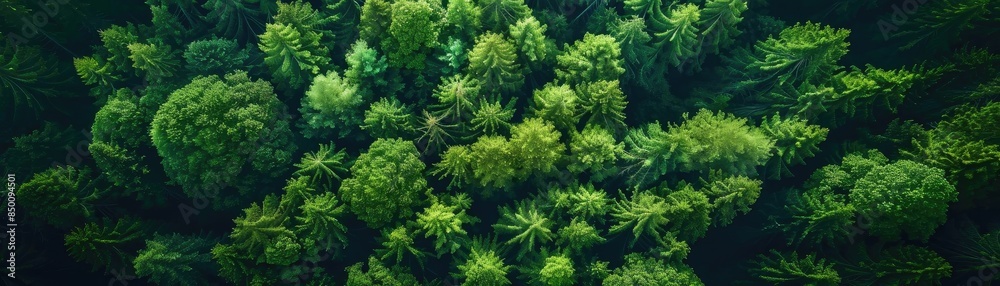 Fototapeta premium Aerial view of a lush green forest canopy, displaying a dense and vibrant natural landscape in a tropical rainforest.