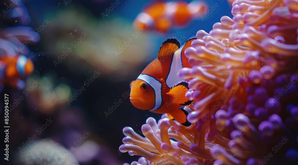 Close-up of a clownfish swimming amongst the coral in a colorful underwater scene Close-up of a clownfish swimming amongst the coral in a colorful underwater scene