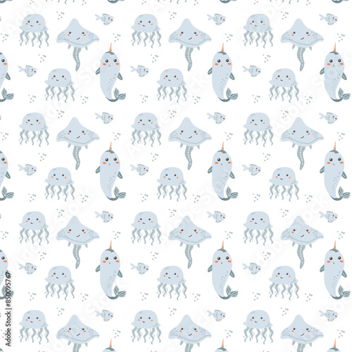 Childrens sea animals pattern, childish ocean marine life seamless background. Nursery baby animals print. Underwater inhabitants collection background for kids textile, clothes, wallpapers.