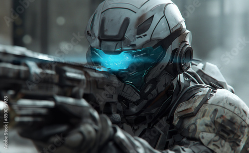 Armored soldier in futuristic combat gear firing a weapon with sparks flying. © Curioso.Photography