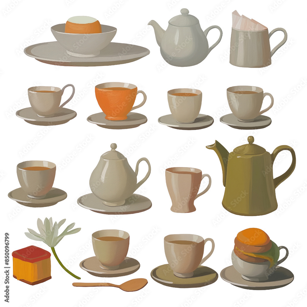 Cups and tea cups set illustration with coffee, tea, and kitchen themes