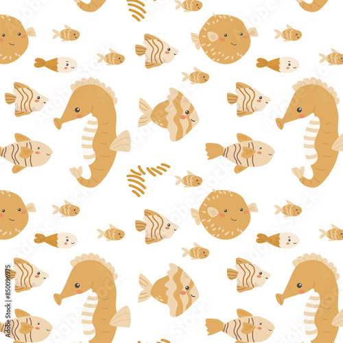 Childrens sea animals pattern, childish ocean marine life seamless background. Nursery baby animals print. Underwater inhabitants collection background for kids textile, clothes, wallpapers.