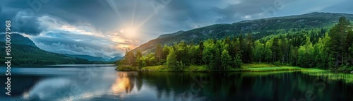 Stunning panorama of a serene lake surrounded by lush green trees and mountains under a dramatic cloudy sky with the sun shining through.