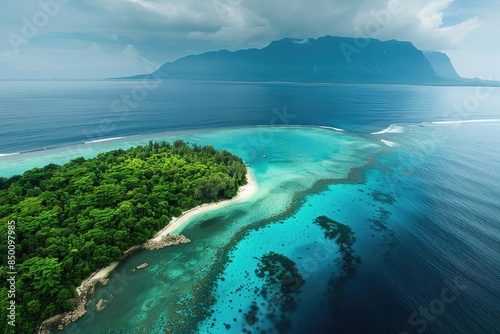 Aerial view of a tropical island with lush greenery and clear blue water, showcasing the vibrant underwater landscape.