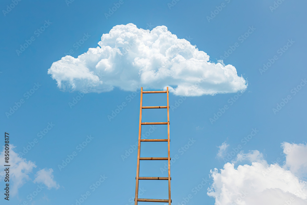 Conceptual image of a stepladder leading up to fluffy white clouds in the sky, symbolizing growth, aspiration, and future development Conceptual image of a stepladder leading up to fluffy white clouds in the sky, symbolizing growth, aspiration, and future development
