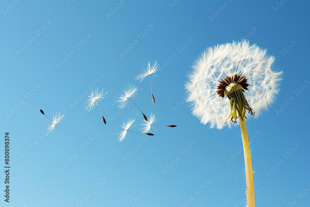 Naklejka premium Delicate dandelion seedhead dispersing in the wind, a metaphor for spreading ideas, change, or seizing opportunities