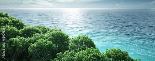 A serene ocean view with lush green trees in the foreground, reflecting peaceful natural beauty under a bright sunlit sky.