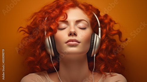 Young woman with red hair wearing headphones listening to music © elena_garder