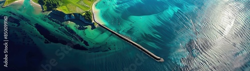 Aerial view of a bridge extending over turquoise waters, connecting lush green land to a small island.