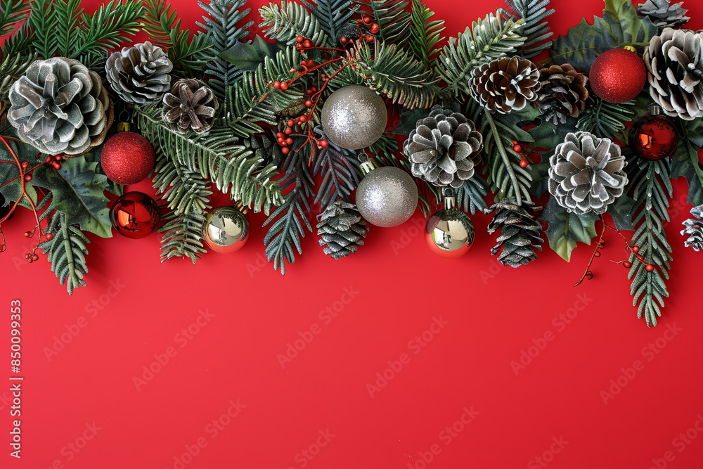 Festive Christmas border composed of evergreen fir branches and assorted ornamental decorations arranged on a vibrant red background Festive Christmas border composed of evergreen fir branches and assorted ornamental decorations arranged on a vibrant red background