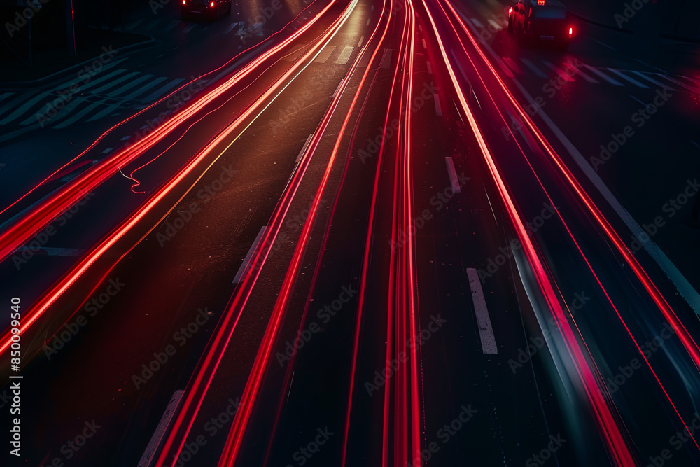 Obraz premium Long exposure shot of car headlights and taillights streaking through the night, creating dynamic light trails on the road