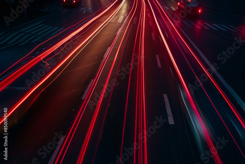Long exposure shot of car headlights and taillights streaking through the night, creating dynamic light trails on the road