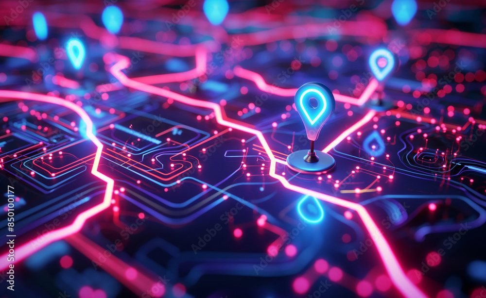 Futuristic digital map with glowing blue location pins and interconnected pathways. Futuristic digital map with glowing blue location pins and interconnected pathways.