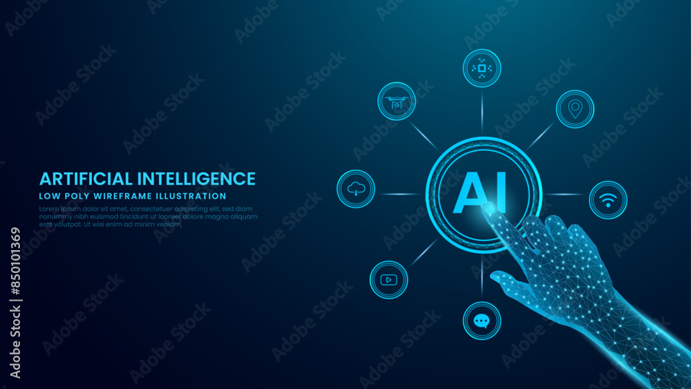 Artificial Intelligence Concept in Low Poly Wireframe. Ai Technology and Hand Vector Illustration in Technology Blue Background Artificial Intelligence Concept in Low Poly Wireframe. Ai Technology and Hand Vector Illustration in Technology Blue Background