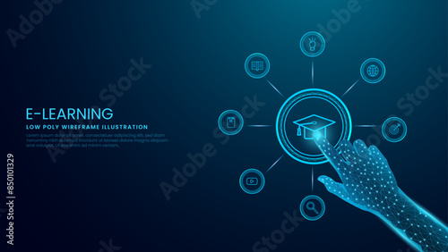 E-learning Concept in Low Poly Wireframe. Innovative Online Education and Digital Learning Vector Illustration in Technology Blue Background