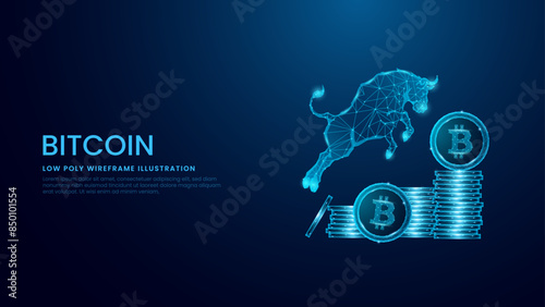 Bullish Trend of Bitcoin Cryptocurrency in Low Poly Wireframe Futuristic Background. Bitcoin Price Rising with a Digital Bull Vector Illustration