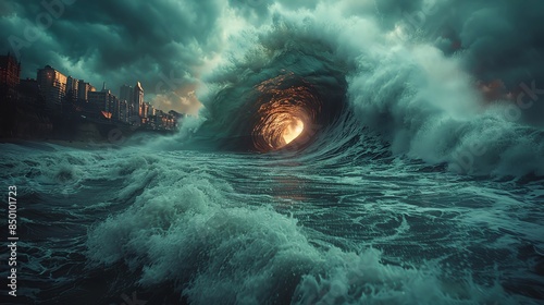 Tsunami wave crashing into a coastal city, powerful surge under a stormy sky Tsunami impact, coastal city, dramatic wave