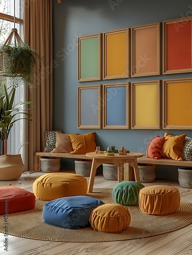 Superbe photo de pièce colorée pour enfant avec une belle décoration et des cadres au mur