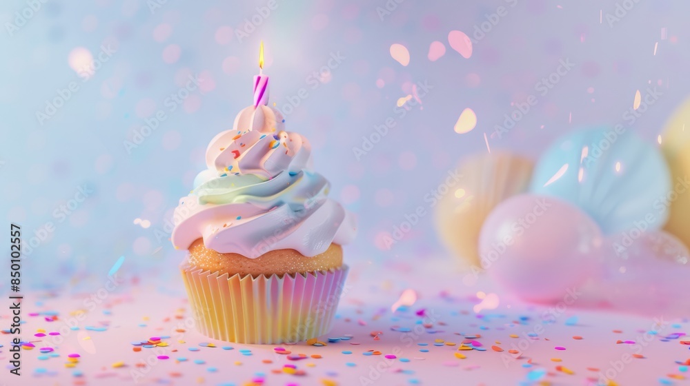 One beautiful small cupcake muffin and a candle on it on a simple solid pale pink background for celebrating birthday. One beautiful small cupcake muffin and a candle on it on a simple solid pale pink background for celebrating birthday.