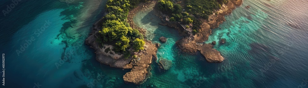 Aerial view of a beautiful tropical island surrounded by crystal clear turquoise waters and lush greenery. Paradise getaway scenery. Aerial view of a beautiful tropical island surrounded by crystal clear turquoise waters and lush greenery. Paradise getaway scenery.