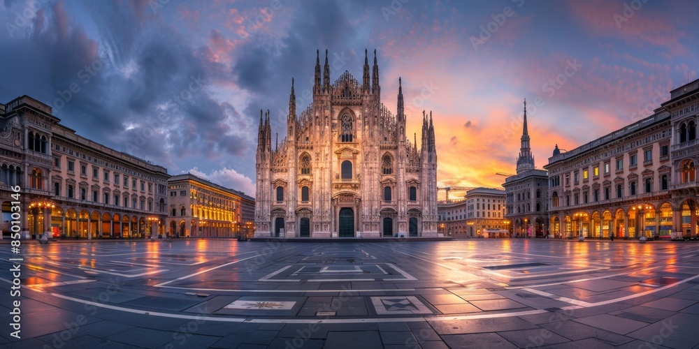 Fototapeta premium Milan's Duomo Cathedral Bathed in Golden Light: A Majestic Architectural Masterpiece at Dusk. This stunning image captures the Duomo's iconic silhouette against the vibrant hues of a Milanese sunset, 