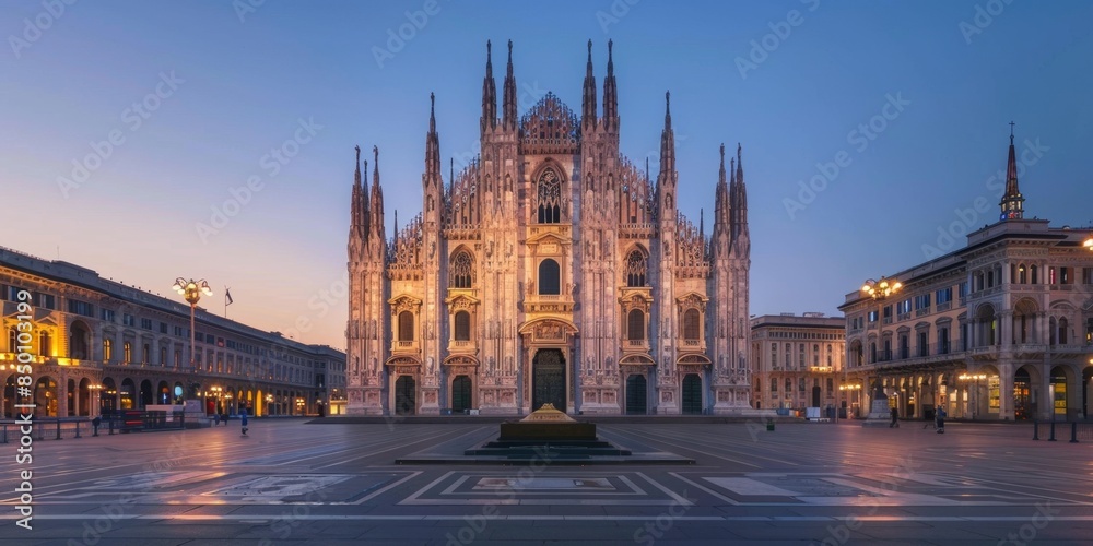 Fototapeta premium Milan's Duomo Cathedral Bathed in Golden Light: A Majestic Architectural Masterpiece at Dusk. This stunning image captures the Duomo's iconic silhouette against the vibrant hues of a Milanese sunset, 