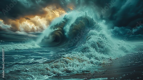 Tidal wave crashing against a shoreline, powerful water surge under stormy skies, open beach for copy Tidal wave impact, coastal wave, ocean surge, cinematic power photo