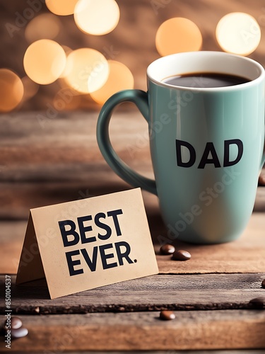 Close-up of Happy Father's Day Best Dad Ever greeting card and coffee mug on the table design perfect for celebrating and honoring fathers photo