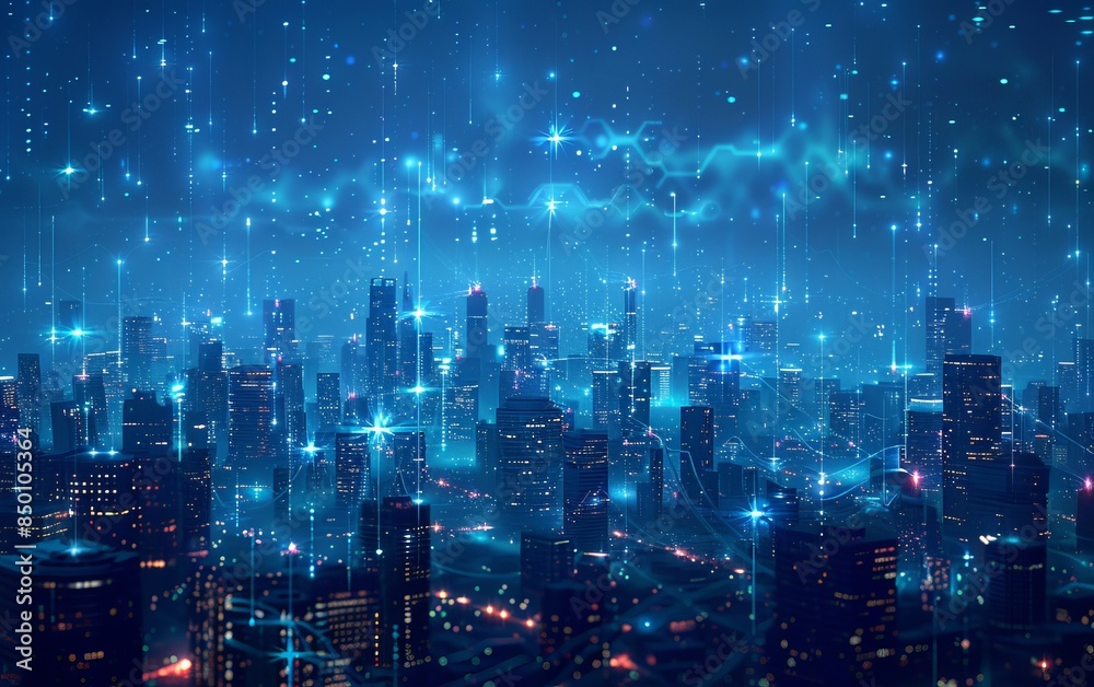 Futuristic city skyline at night with a glowing digital rain effect, showcasing a technology-inspired urban environment. Futuristic city skyline at night with a glowing digital rain effect, showcasing a technology-inspired urban environment.