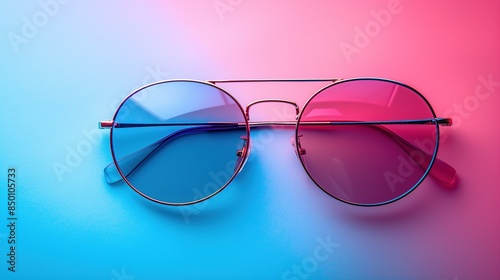 Sunglasses composition in many bright colors in transparent plastic.  Trendy glasses isolated on white background. Glasses with polarized lenses. Fashionable eyewear for women.
 photo
