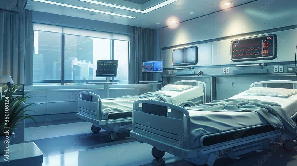 Hospital room with two beds and a monitor for patient monitoring and care Hospital room with two beds and a monitor for patient monitoring and care