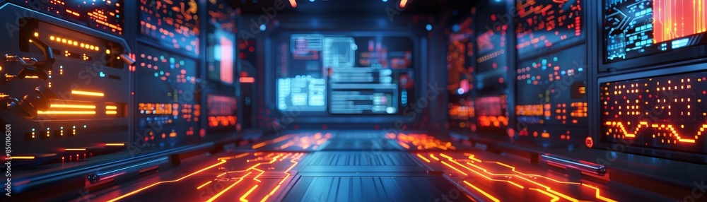 Futuristic technology data center with illuminated digital interfaces and glowing circuits, ideal for innovation and big data concepts. Futuristic technology data center with illuminated digital interfaces and glowing circuits, ideal for innovation and big data concepts.