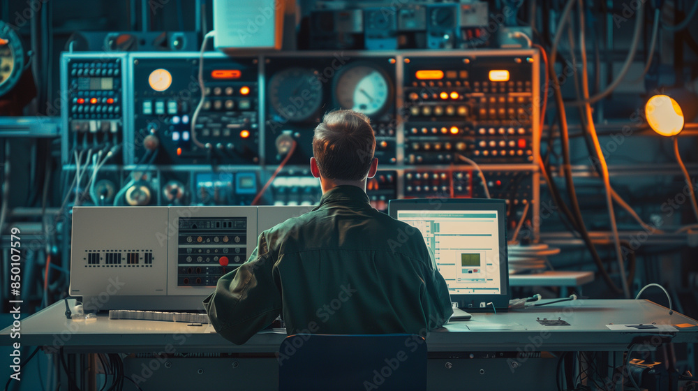 Tech tests electronic equipment in service center. Repair and customization of PC equipment Tech tests electronic equipment in service center. Repair and customization of PC equipment