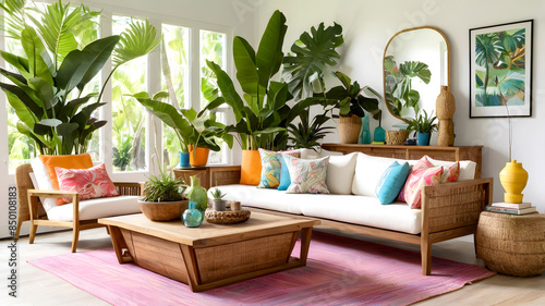 Create a modern Caribbean getaway living room with tropical plants and colorful decor