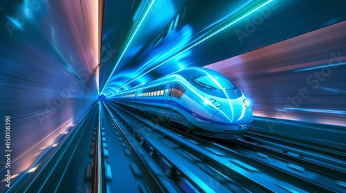 A futuristic high-speed train exits a tunnel on a viaduct against a dark blue backdrop, representing logistics, tourism, technology, and transport in a 3D vector illustration.