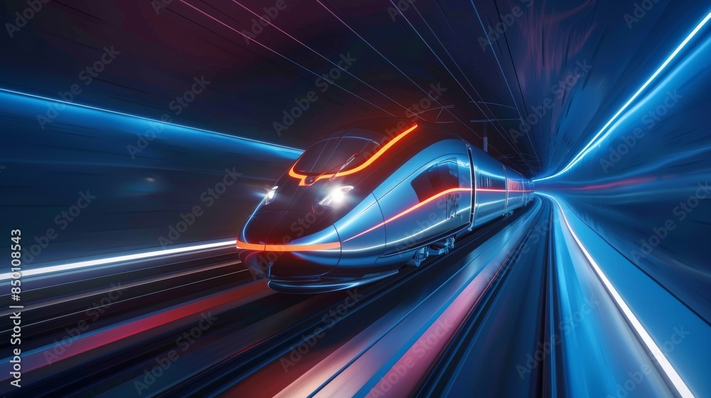 A futuristic high-speed train exits a tunnel on a viaduct against a dark blue backdrop, representing logistics, tourism, technology, and transport in a 3D vector illustration. A futuristic high-speed train exits a tunnel on a viaduct against a dark blue backdrop, representing logistics, tourism, technology, and transport in a 3D vector illustration.