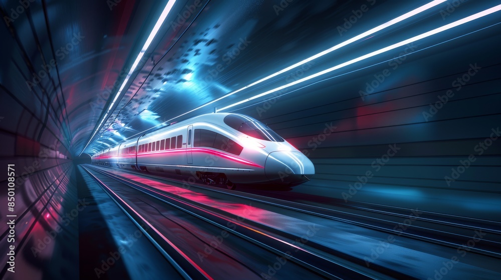 A futuristic high-speed train exits a tunnel on a viaduct against a dark blue backdrop, representing logistics, tourism, technology, and transport in a 3D vector illustration. A futuristic high-speed train exits a tunnel on a viaduct against a dark blue backdrop, representing logistics, tourism, technology, and transport in a 3D vector illustration.
