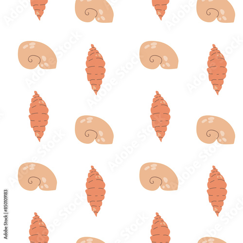 Childrens cute fashion pattern. Childish sea shell seamless background. Marine life elements pattern. Nursery design. Pastel colors. Clams background, seashells, seaweed print. Seashore beach elements