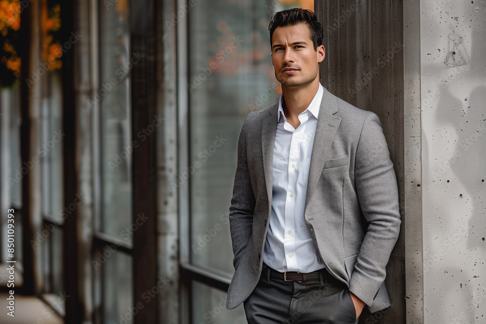 Handsome man in a gray suit, leaning confidently against a wall. His stylish appearance and poised demeanor exude sophistication and modern elegance Handsome man in a gray suit, leaning confidently against a wall. His stylish appearance and poised demeanor exude sophistication and modern elegance