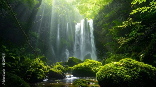 A lush green forest with a waterfall in the middle