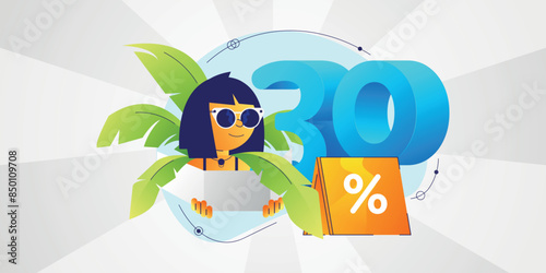 30%off Summer sale illustration, Summer, Sun, Surf, Vendor, Shop, Beach, Flat, illustration, Character design, drawing, business, OFF, 30%, Sales, colorfull, sun colors, pastelle, cosmetics, girl,