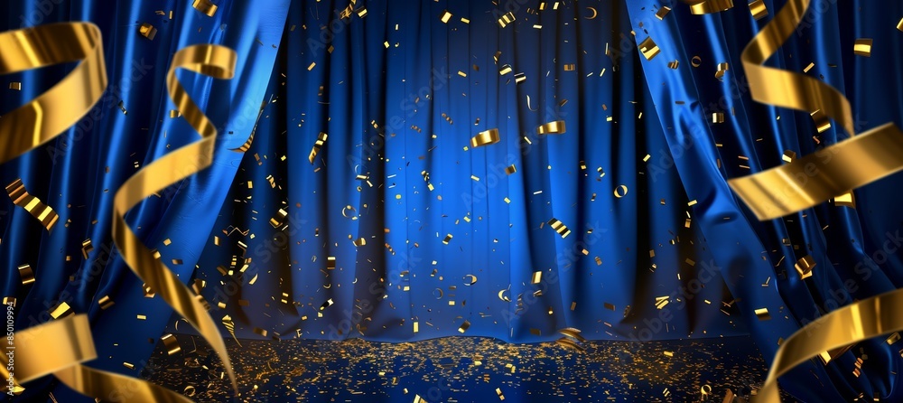 custom made wallpaper toronto digitalA background of a theater show stage with blue curtains and golden particles flying with copy space for celebration.