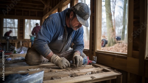 Construction worker expertly installing modern electrical system in renovated house