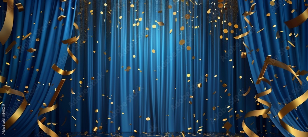 Obraz premium A background of a theater show stage with blue curtains and golden particles flying with copy space for celebration.