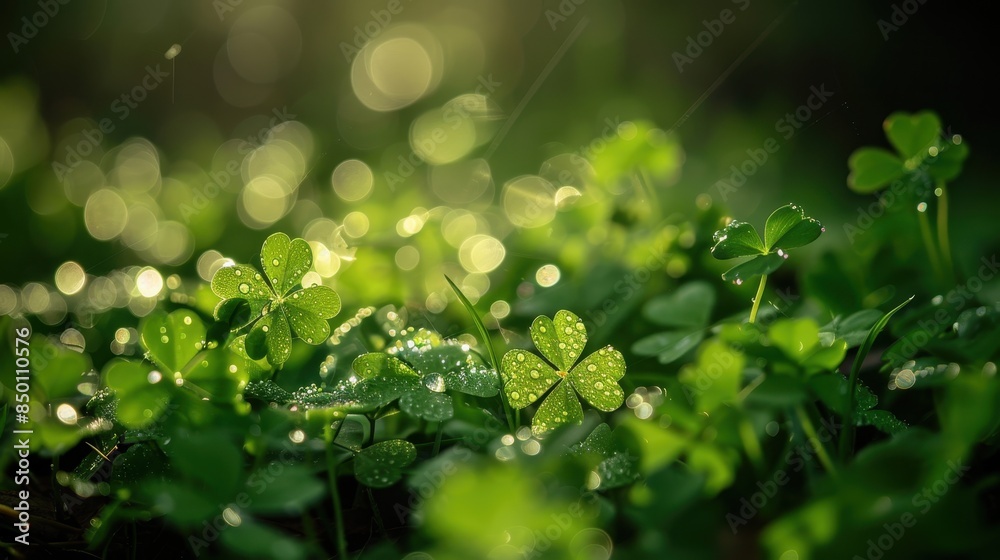Fresh shoots shamrock in dew drops Fresh shoots shamrock in dew drops