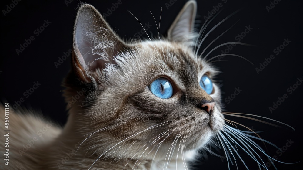 A Siamese Cat Crawling Or Prowling Against A Black Background, Looking Off Camera With Intent A Siamese Cat Crawling Or Prowling Against A Black Background, Looking Off Camera With Intent