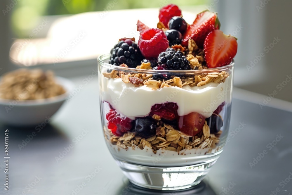 A beautifully arranged breakfast parfait with layers of yogurt, granola, and berries A beautifully arranged breakfast parfait with layers of yogurt, granola, and berries