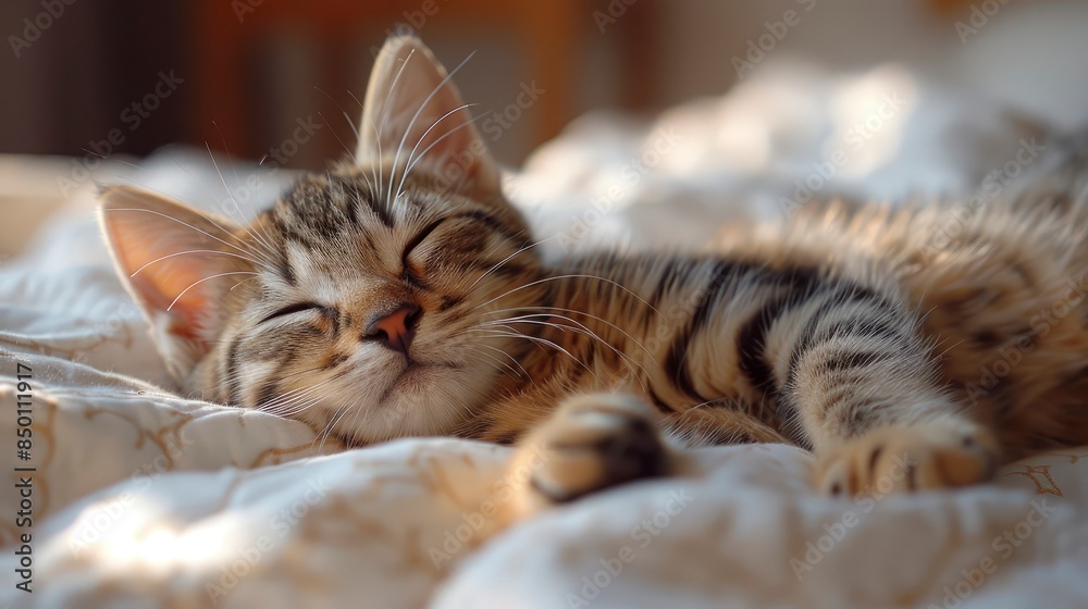 A Small Scottish Kitten Lying Down On A White Bed, Embodying Relaxation And Coziness A Small Scottish Kitten Lying Down On A White Bed, Embodying Relaxation And Coziness