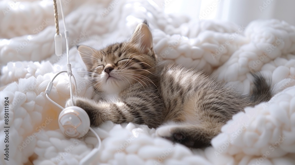 Obraz premium A Small Scottish Kitten Lying Down On A White Bed, Embodying Relaxation And Coziness
