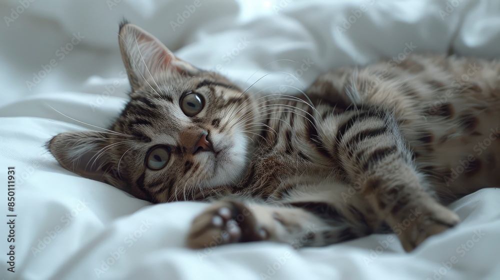 A Small Scottish Kitten Lying Down On A White Bed, Embodying Relaxation And Coziness A Small Scottish Kitten Lying Down On A White Bed, Embodying Relaxation And Coziness